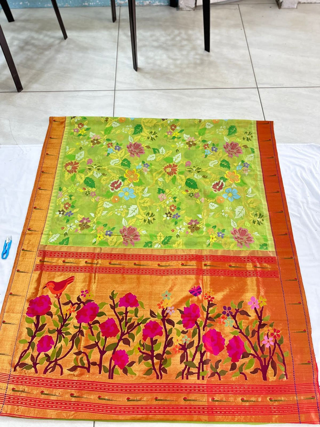Exquisite Pista Green Floral Meenakari Full Hand Jamdani Weaving on Khadi Body and Silk Graph Jamdani Saree with Pure Silk Paithani Borders and Palllu  | SHOBITAM
