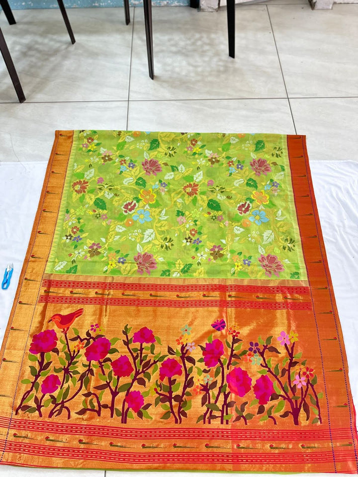 Exquisite Pista Green Floral Meenakari Full Hand Jamdani Weaving on Khadi Body and Silk Graph Jamdani Saree with Pure Silk Paithani Borders and Palllu  | SHOBITAM