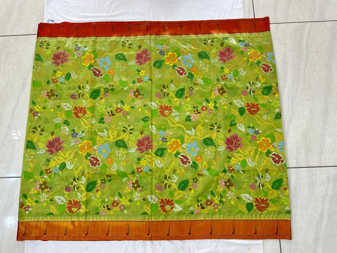 Exquisite Pista Green Floral Meenakari Full Hand Jamdani Weaving on Khadi Body and Silk Graph Jamdani Saree with Pure Silk Paithani Borders and Palllu  | SHOBITAM