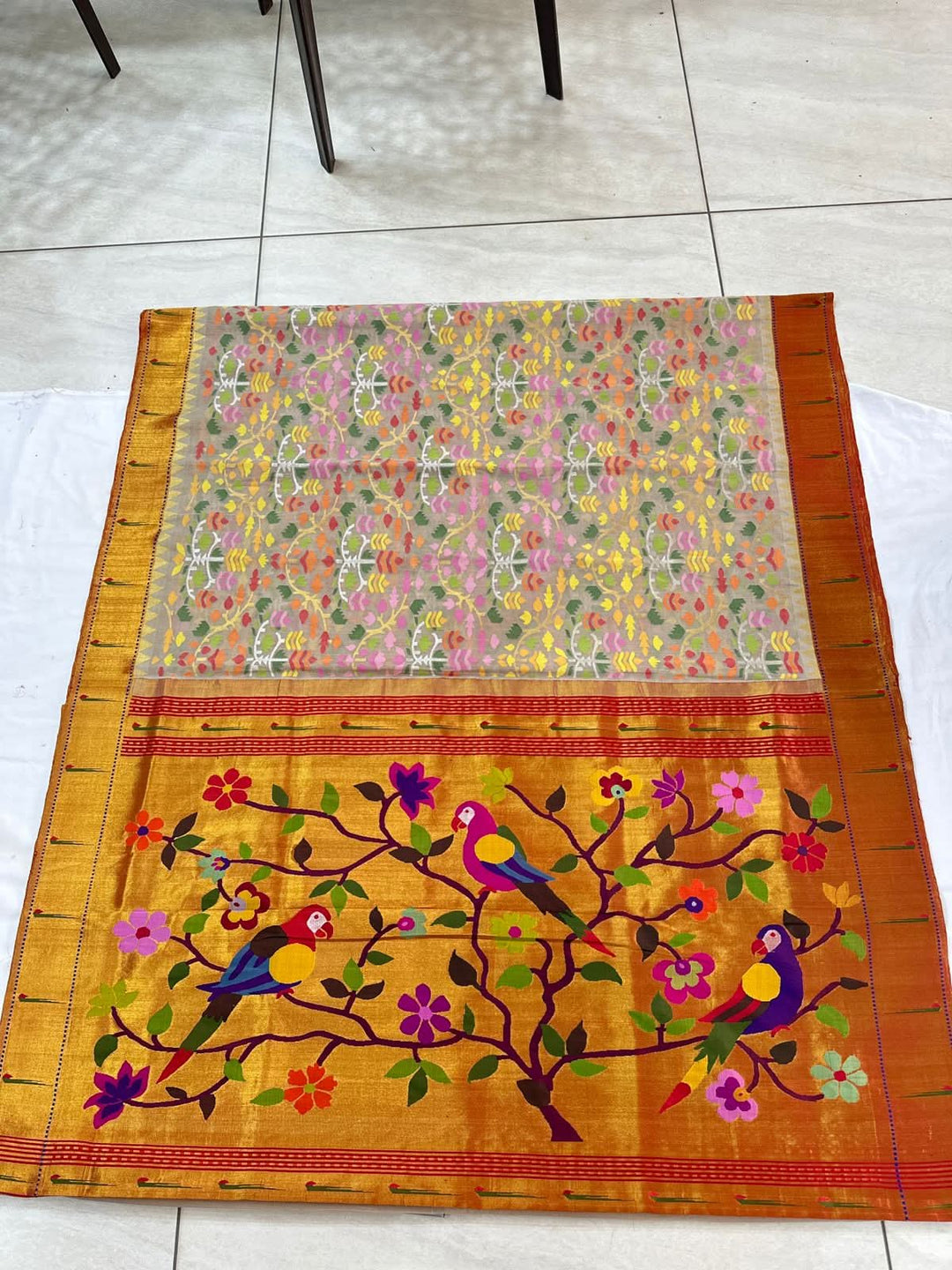 Exquisite Kora Color Meenakari Full Hand Jamdani Weaving on Cotton Saree in Body with Pure Silk Paithani Borders and African Parrot Motifs on Pallu | SHOBITAM