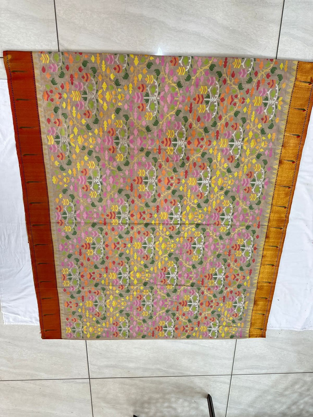 Exquisite Kora Color Meenakari Full Hand Jamdani Weaving on Cotton Saree in Body with Pure Silk Paithani Borders and African Parrot Motifs on Pallu | SHOBITAM