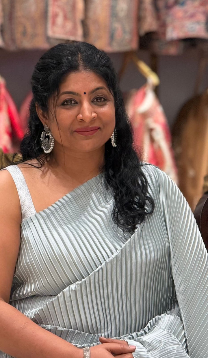 Pleated Satin Half and Half Saree in Silver Gray ,No Blouse Piece | SHOBITAM