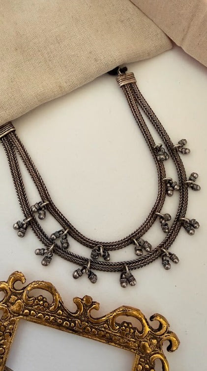 Traditional Prachi Ghungroo Multi-Layer Oxidized Necklace With an Antique silver polish | SHOBITAM