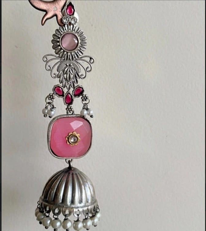 Chandini Pink Stone Jhumkas with Pearl Drops in Antique Silver Finish | SHOBITAM
