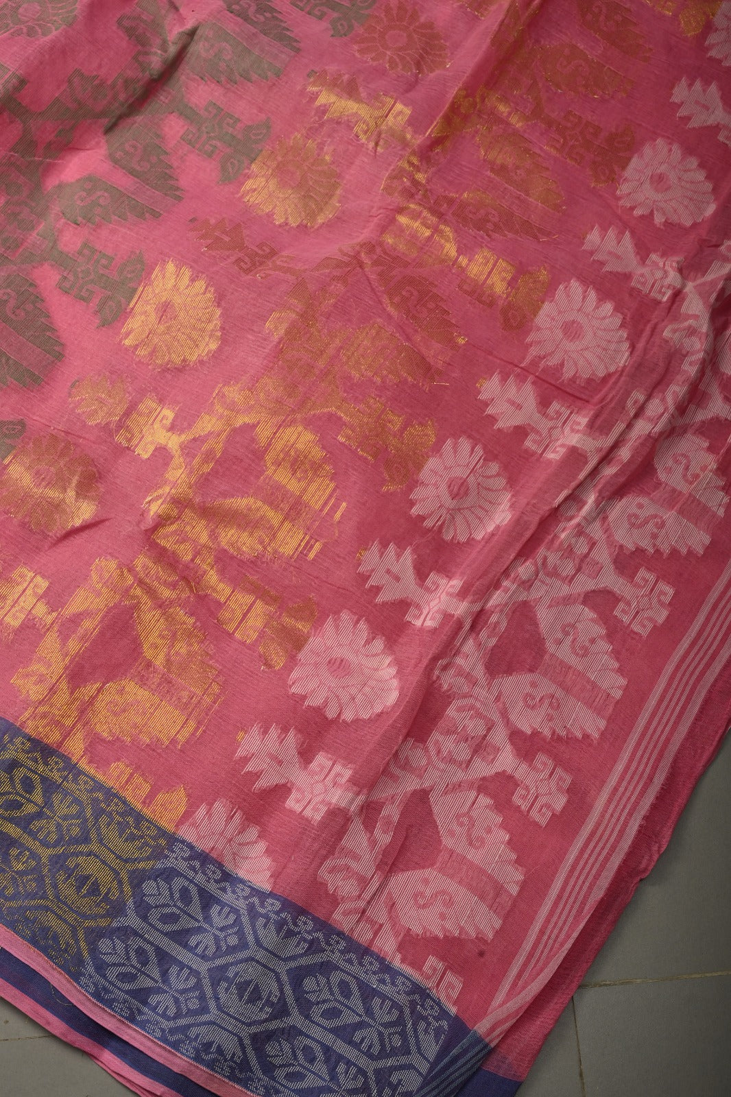 Bubblegum Pink Mercerized Cotton Saree with Meenakari Jamdani Style Design and Border  | SHOBITAM