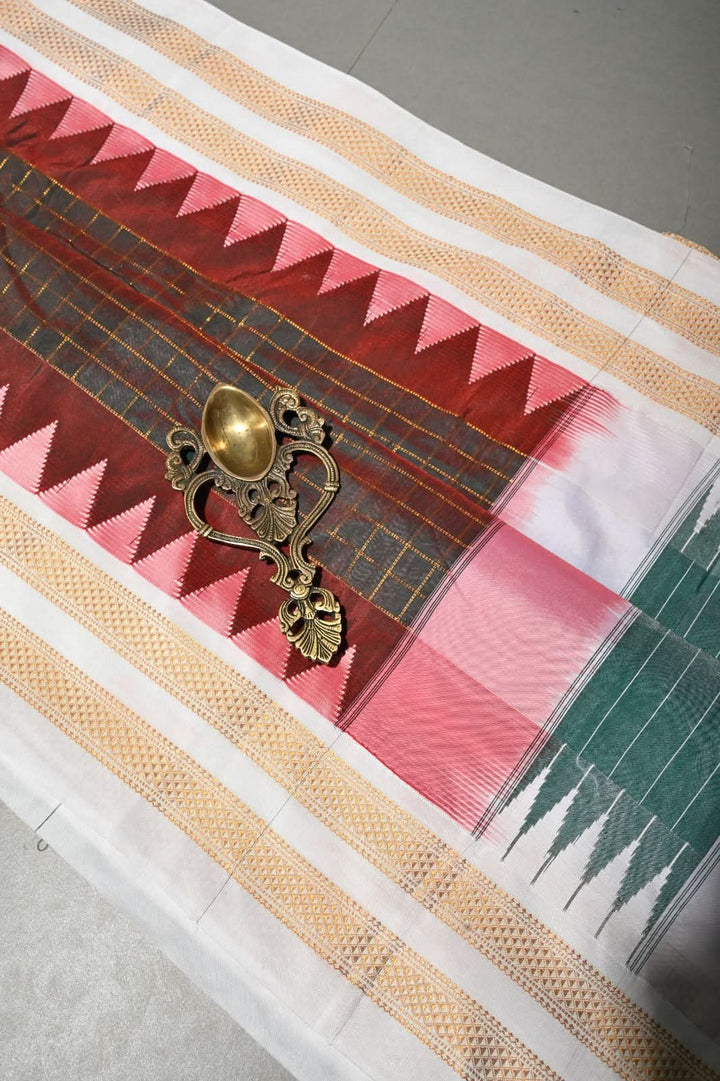Green-Maroon Dual Tone Ilkal Weave Mercerized Bagalkote Cotton Saree with Zari Checks and Contrast Zari Border | SHOBITAM