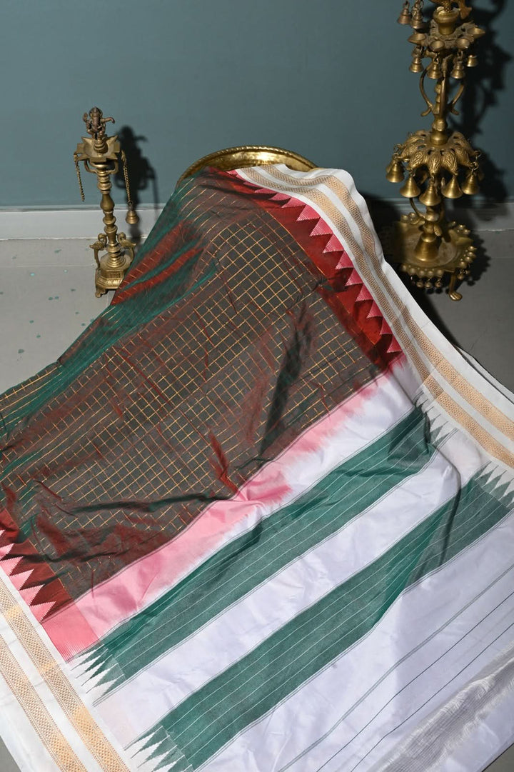 Green-Maroon Dual Tone Ilkal Weave Mercerized Bagalkote Cotton Saree with Zari Checks and Contrast Zari Border | SHOBITAM