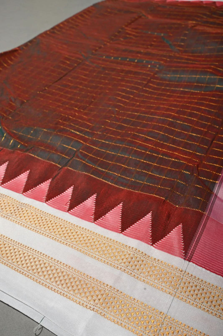 Green-Maroon Dual Tone Ilkal Weave Mercerized Bagalkote Cotton Saree with Zari Checks and Contrast Zari Border | SHOBITAM
