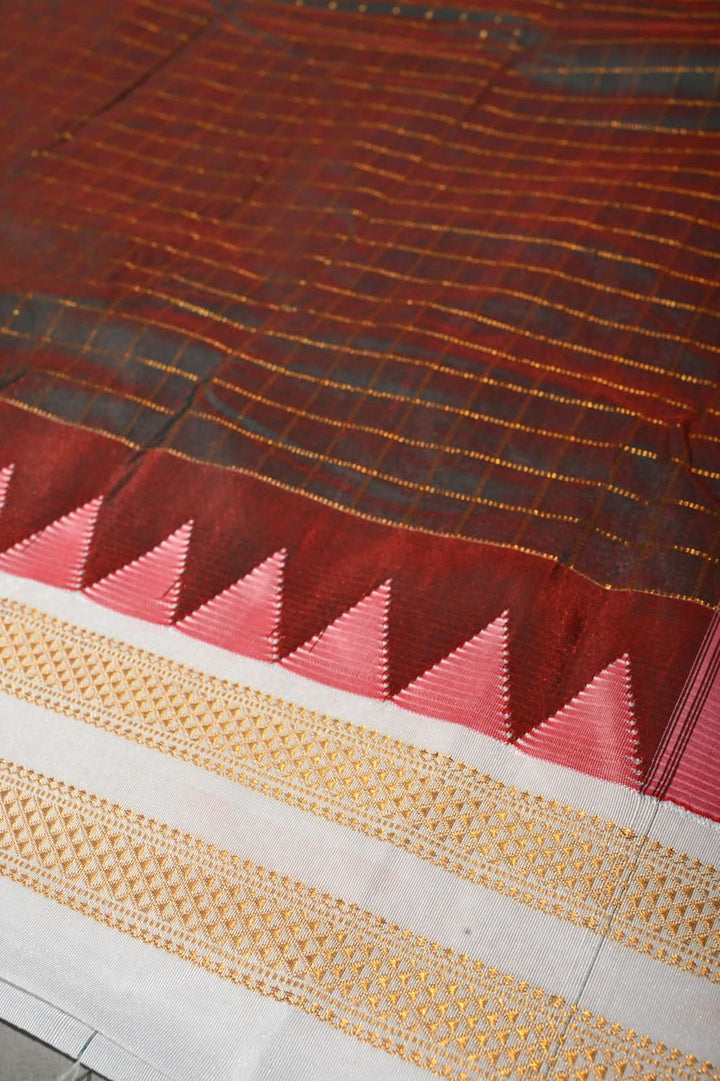 Green-Maroon Dual Tone Ilkal Weave Mercerized Bagalkote Cotton Saree with Zari Checks and Contrast Zari Border | SHOBITAM