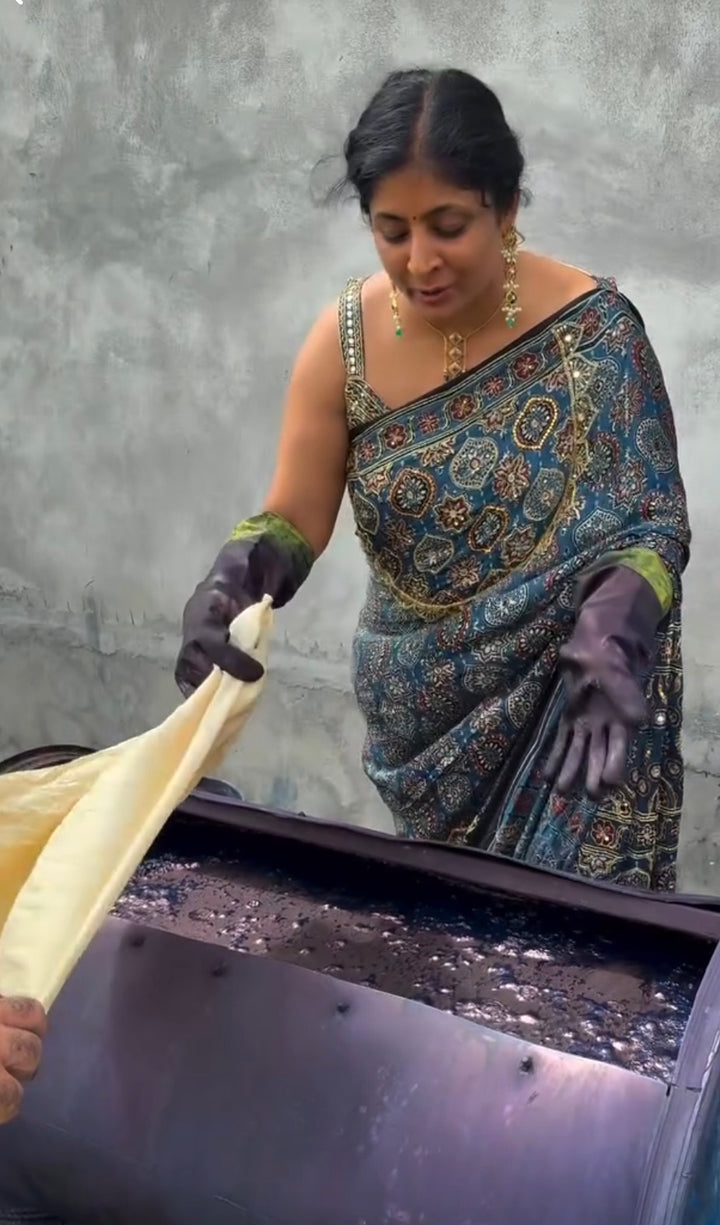 Indigo Modal Silk Saree with Ajrakh Hand Block Print and Sequins Cutdana Handwork | SHOBITAM