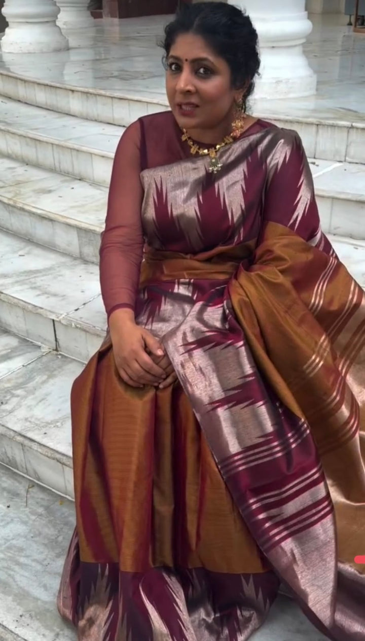 Honey-Brown Pure Kanjivaram Silk Saree with Vairaoosi Zari Stripes Pattern and Temple Silver Zari Border | SILK MARK CERTIFIED | SHOBITAM