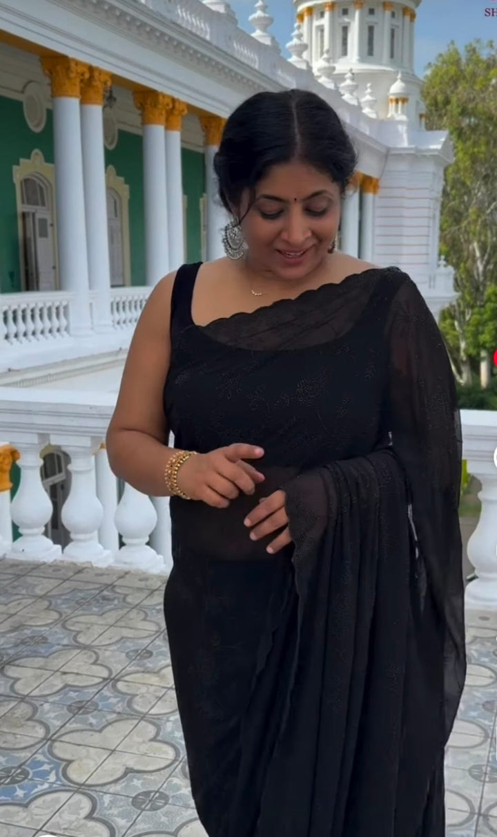 Black Georgette Saree with Tone on Tone Powder Stones Work and Scallop Border | SHOBITAM