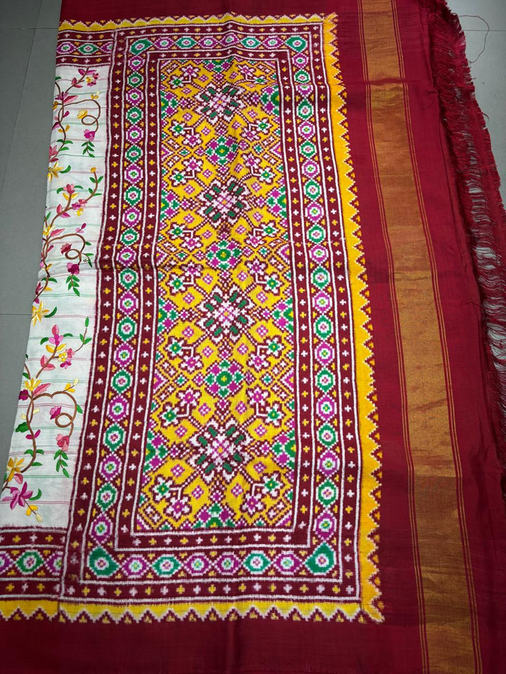 Authentic Double Ikkat Patan Patola Handwoven Saree in Off White with Parsi Gara Hand Embroidery and Patli Pallu   | SILK MARK CERTIFIED | SHOBITAM