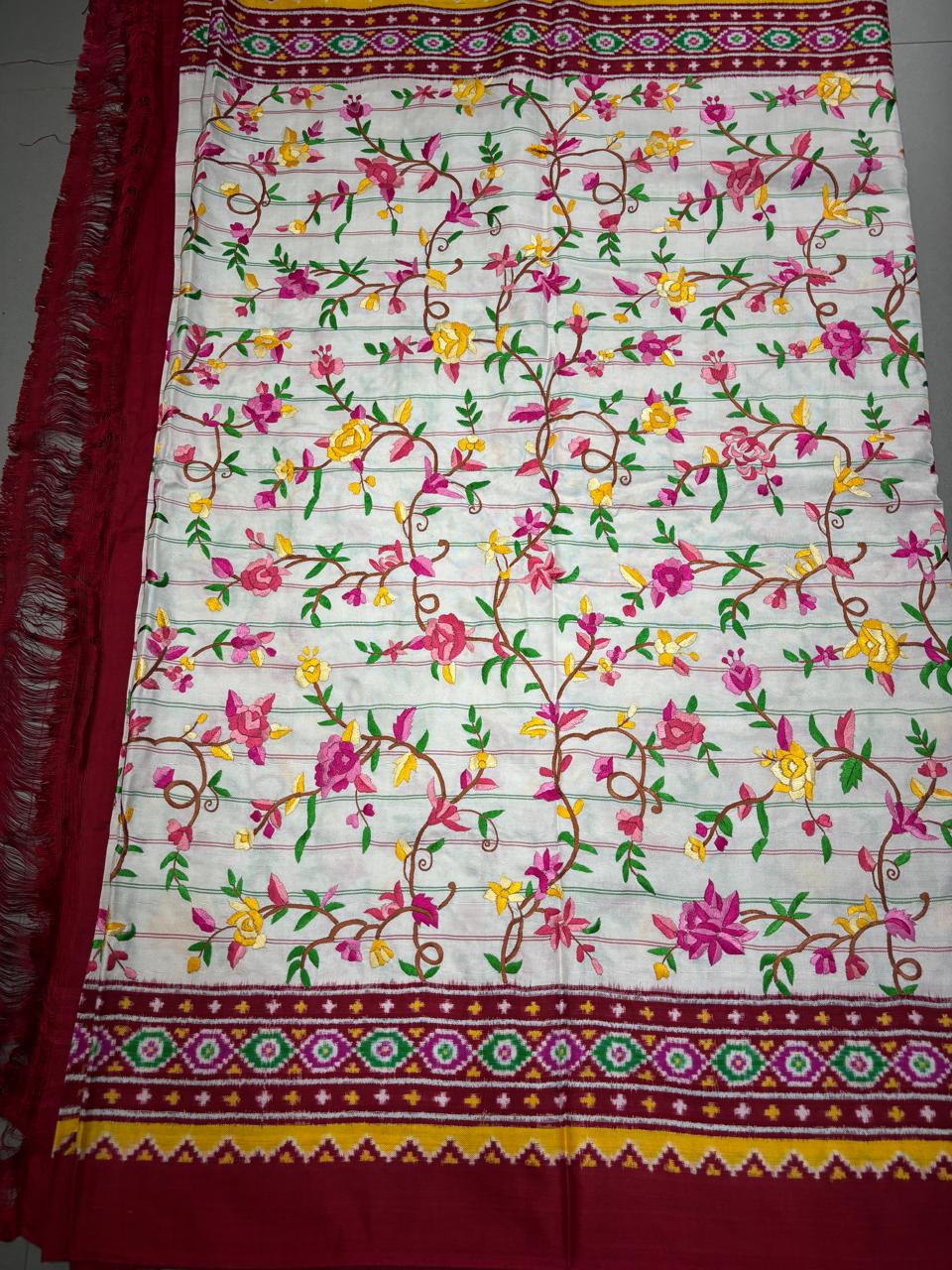 Authentic Double Ikkat Patan Patola Handwoven Saree in Off White with Parsi Gara Hand Embroidery and Patli Pallu   | SILK MARK CERTIFIED | SHOBITAM