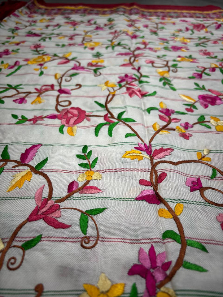 Authentic Double Ikkat Patan Patola Handwoven Saree in Off White with Parsi Gara Hand Embroidery and Patli Pallu   | SILK MARK CERTIFIED | SHOBITAM