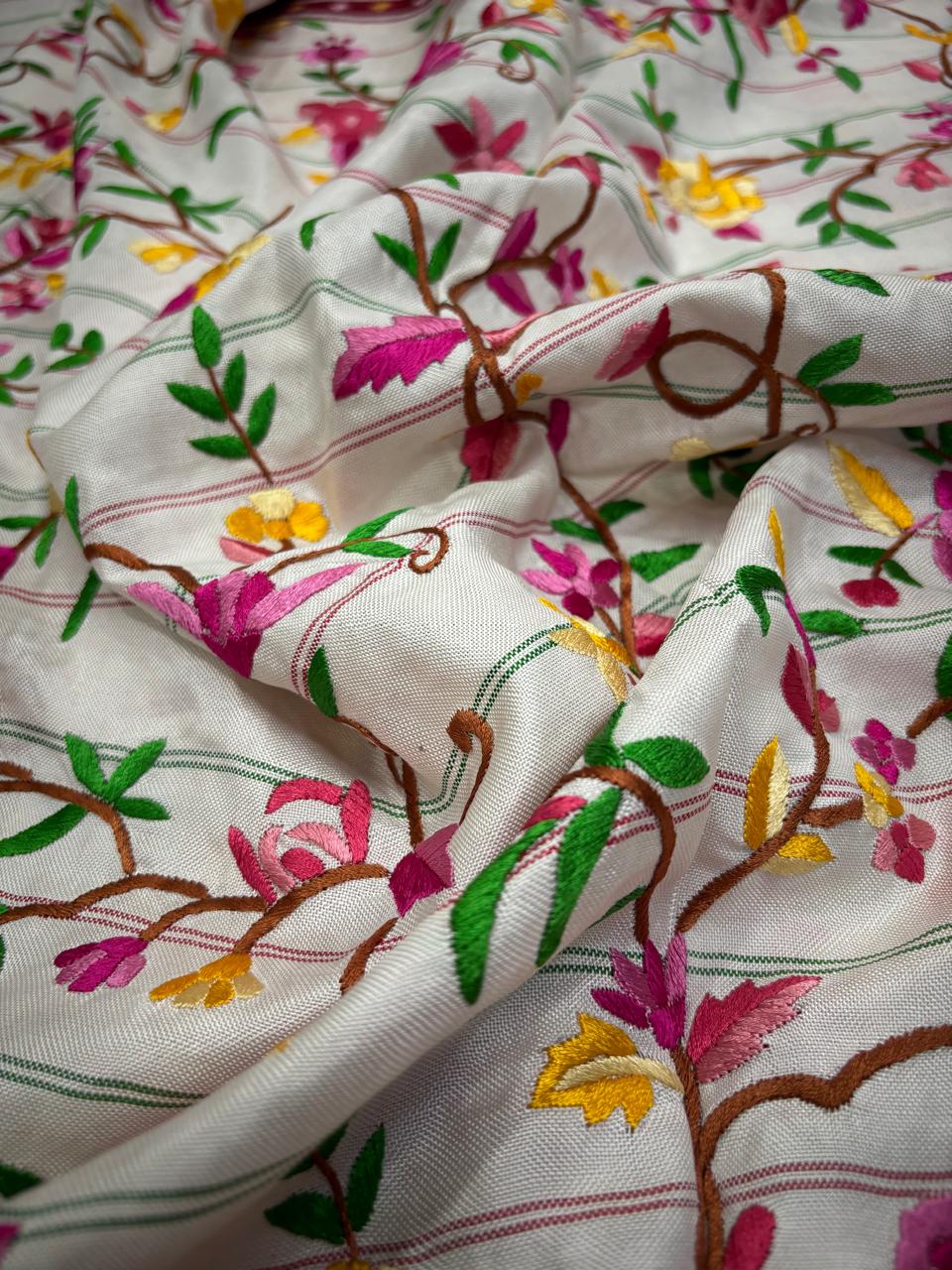 Authentic Double Ikkat Patan Patola Handwoven Saree in Off White with Parsi Gara Hand Embroidery and Patli Pallu   | SILK MARK CERTIFIED | SHOBITAM