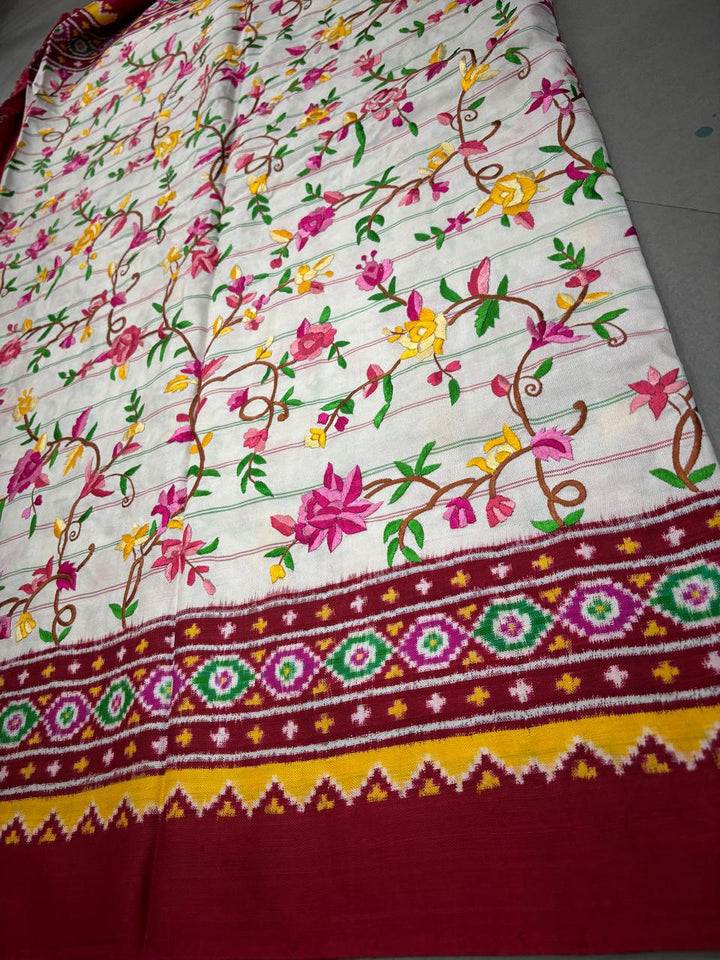 Authentic Double Ikkat Patan Patola Handwoven Saree in Off White with Parsi Gara Hand Embroidery and Patli Pallu   | SILK MARK CERTIFIED | SHOBITAM