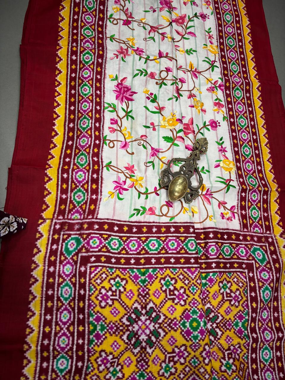 Authentic Double Ikkat Patan Patola Handwoven Saree in Off White with Parsi Gara Hand Embroidery and Patli Pallu   | SILK MARK CERTIFIED | SHOBITAM