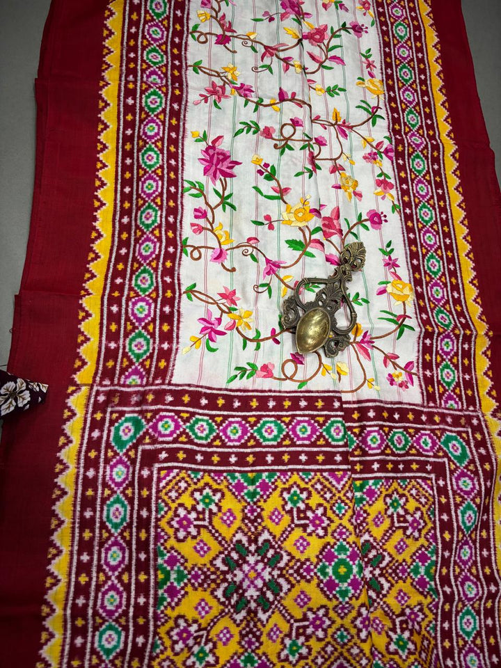 Authentic Double Ikkat Patan Patola Handwoven Saree in Off White with Parsi Gara Hand Embroidery and Patli Pallu   | SILK MARK CERTIFIED | SHOBITAM