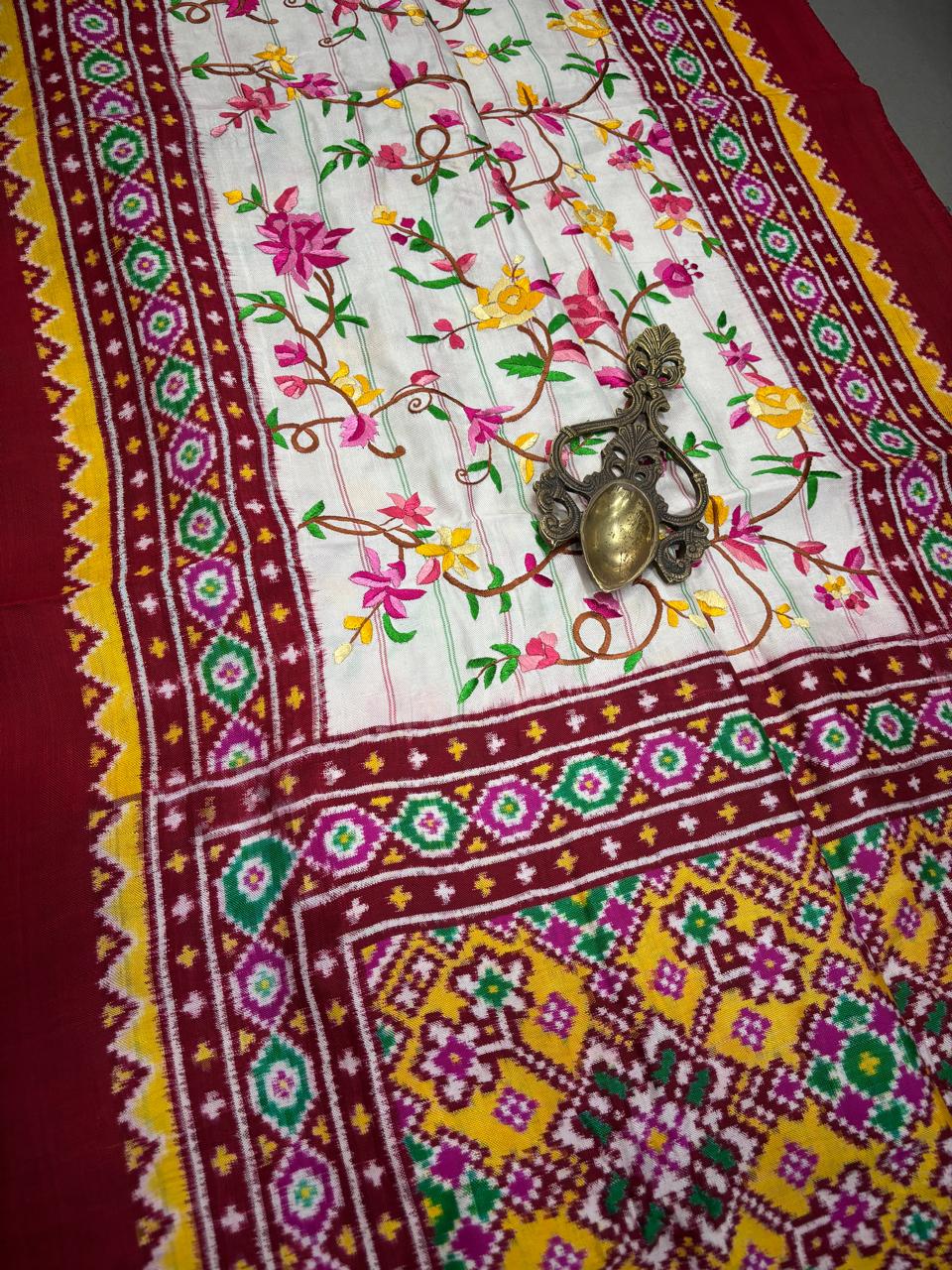 Authentic Double Ikkat Patan Patola Handwoven Saree in Off White with Parsi Gara Hand Embroidery and Patli Pallu   | SILK MARK CERTIFIED | SHOBITAM