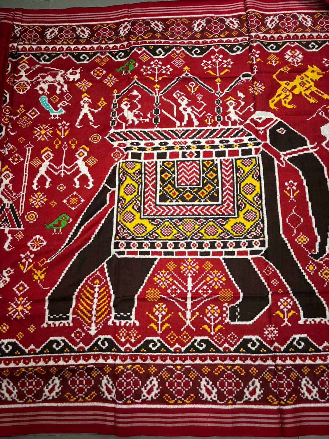 Celebrity Authentic Double Ikkat Patan Patola Handwoven Pure Silk Saree in Maroon with Royal Elephant Motifs | SILK MARK CERTIFIED