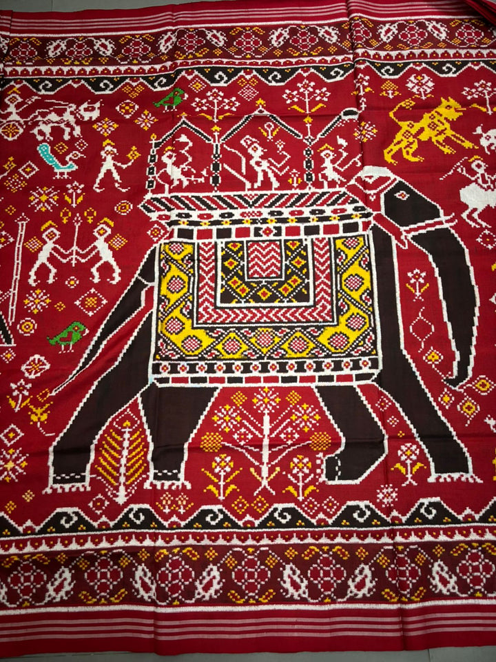 Celebrity Authentic Double Ikkat Patan Patola Handwoven Pure Silk Saree in Maroon with Royal Elephant Motifs | SILK MARK CERTIFIED