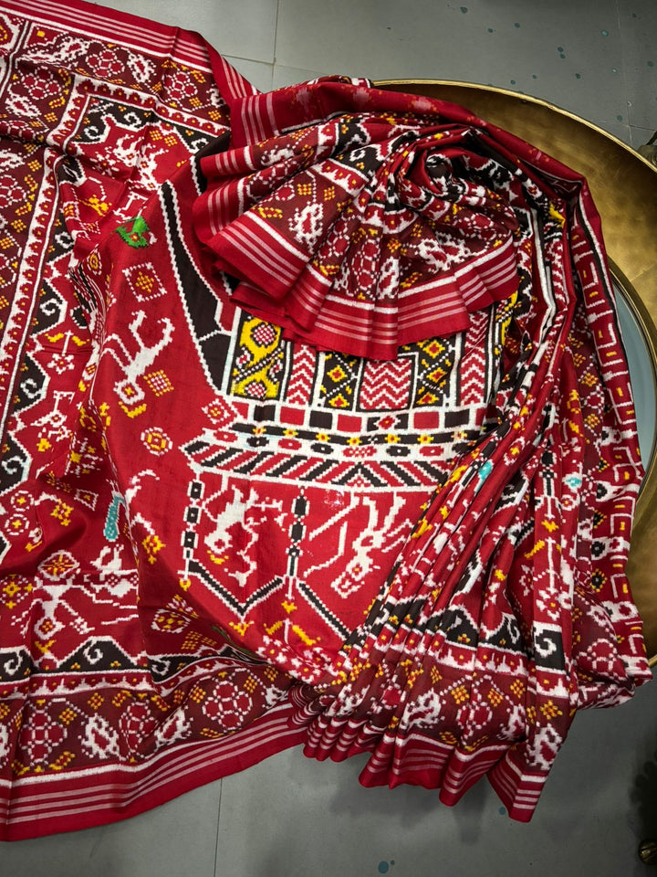 Celebrity Authentic Double Ikkat Patan Patola Handwoven Pure Silk Saree in Maroon with Royal Elephant Motifs | SILK MARK CERTIFIED