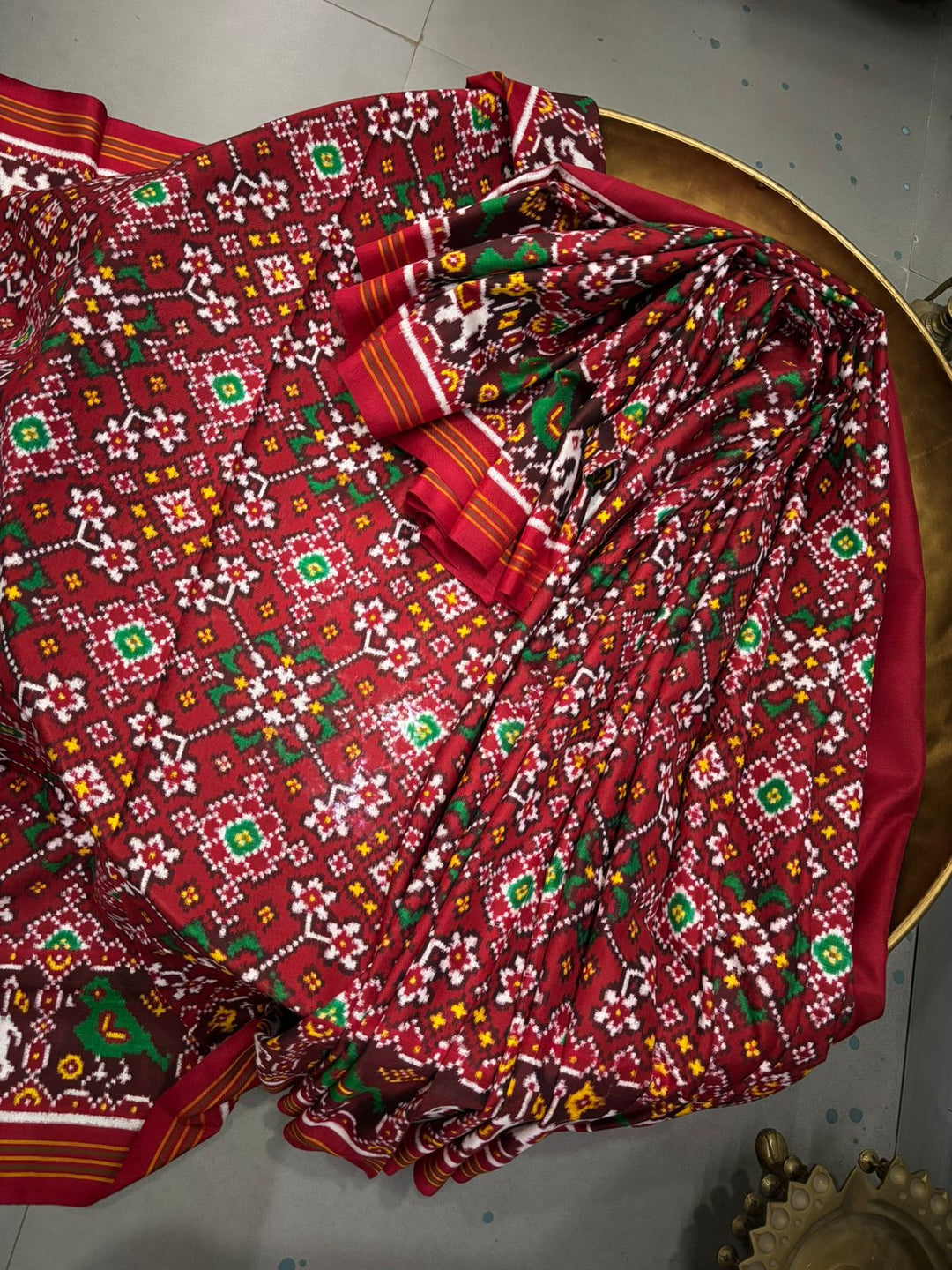 Authentic Double Ikkat Patan Patola Handwoven Pure Silk Saree in Reddish Brown with Navaratna Design and Birds-Elephant Motifs    | SILK MARK CERTIFIED