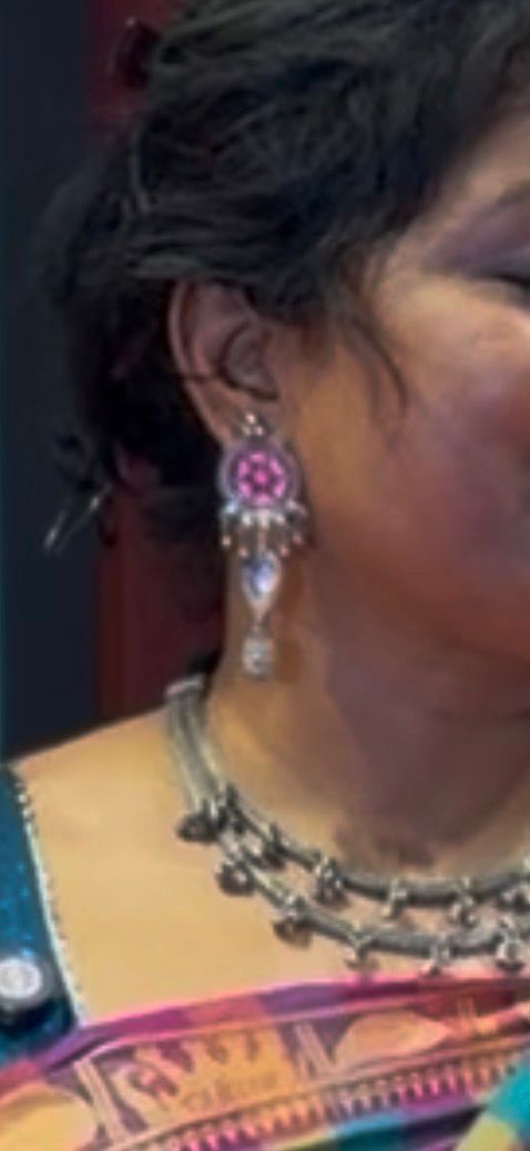 Pink Dhairya Hand Painted Earrings in Brass with Antique Silver Polish | SHOBITAM