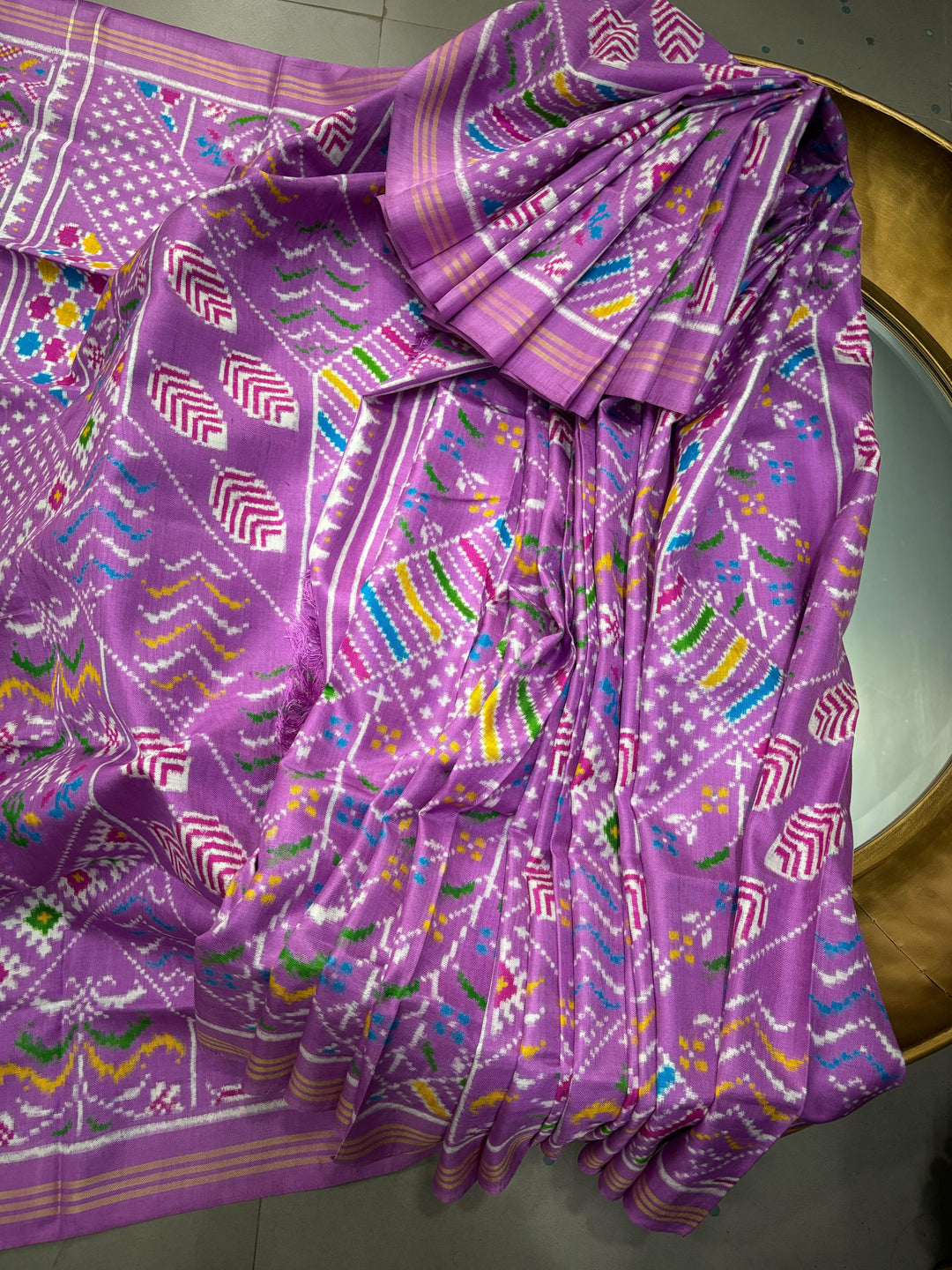 Authentic Double Ikkat Patan Patola Handwoven Patli Pallu Saree in Amethyst with Geometric Design | SILK MARK CERTIFIED | SHOBITAM