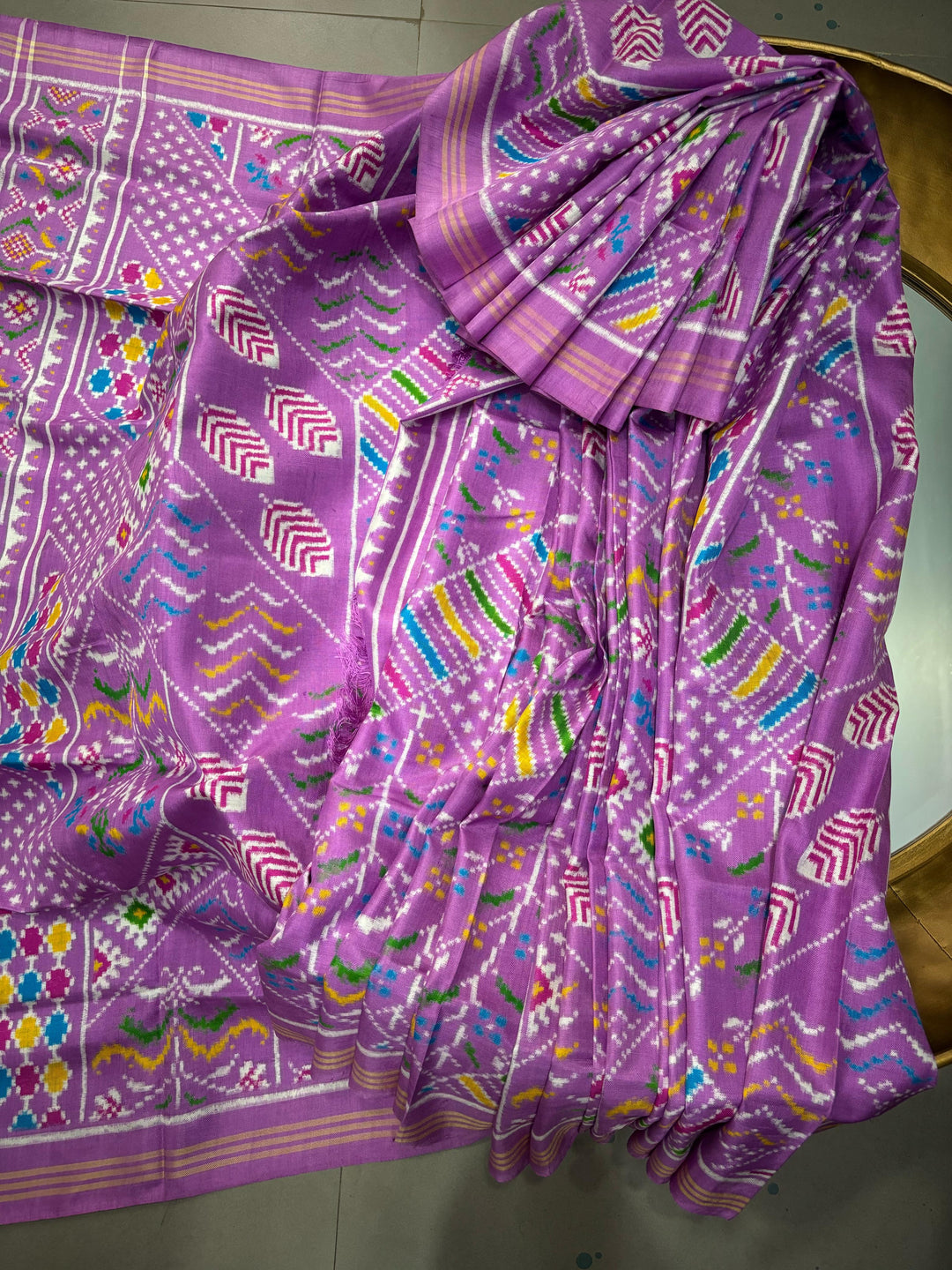 Authentic Double Ikkat Patan Patola Handwoven Patli Pallu Saree in Amethyst with Geometric Design | SILK MARK CERTIFIED | SHOBITAM