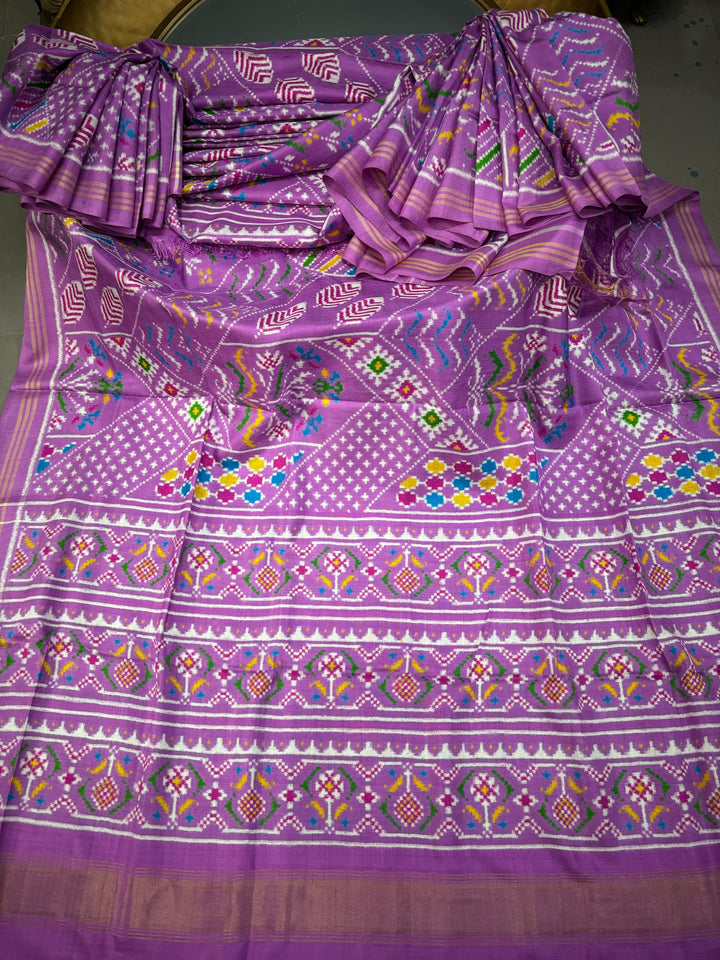 Authentic Double Ikkat Patan Patola Handwoven Patli Pallu Saree in Amethyst with Geometric Design | SILK MARK CERTIFIED | SHOBITAM