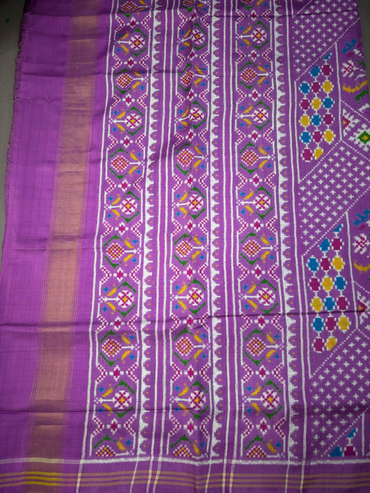 Authentic Double Ikkat Patan Patola Handwoven Patli Pallu Saree in Amethyst with Geometric Design | SILK MARK CERTIFIED | SHOBITAM