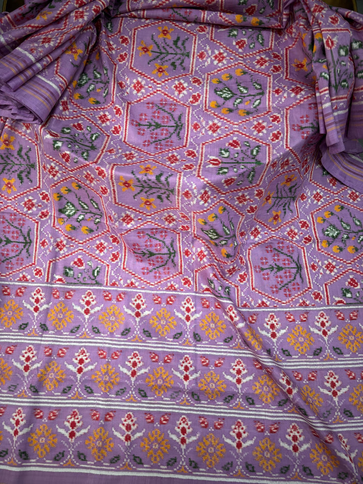 Authentic Double Ikkat Patan Patola Handwoven Pure Silk  Saree in Lilac with Persian Floral Design | SILK MARK CERTIFIED | SHOBITAM