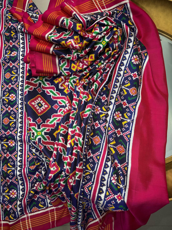 Authentic Double Ikkat Patan Patola Handwoven Rani ki vaav Desing Pure Silk Saree in Blue with Geometric Design | SILK MARK CERTIFIED | SHOBITAM