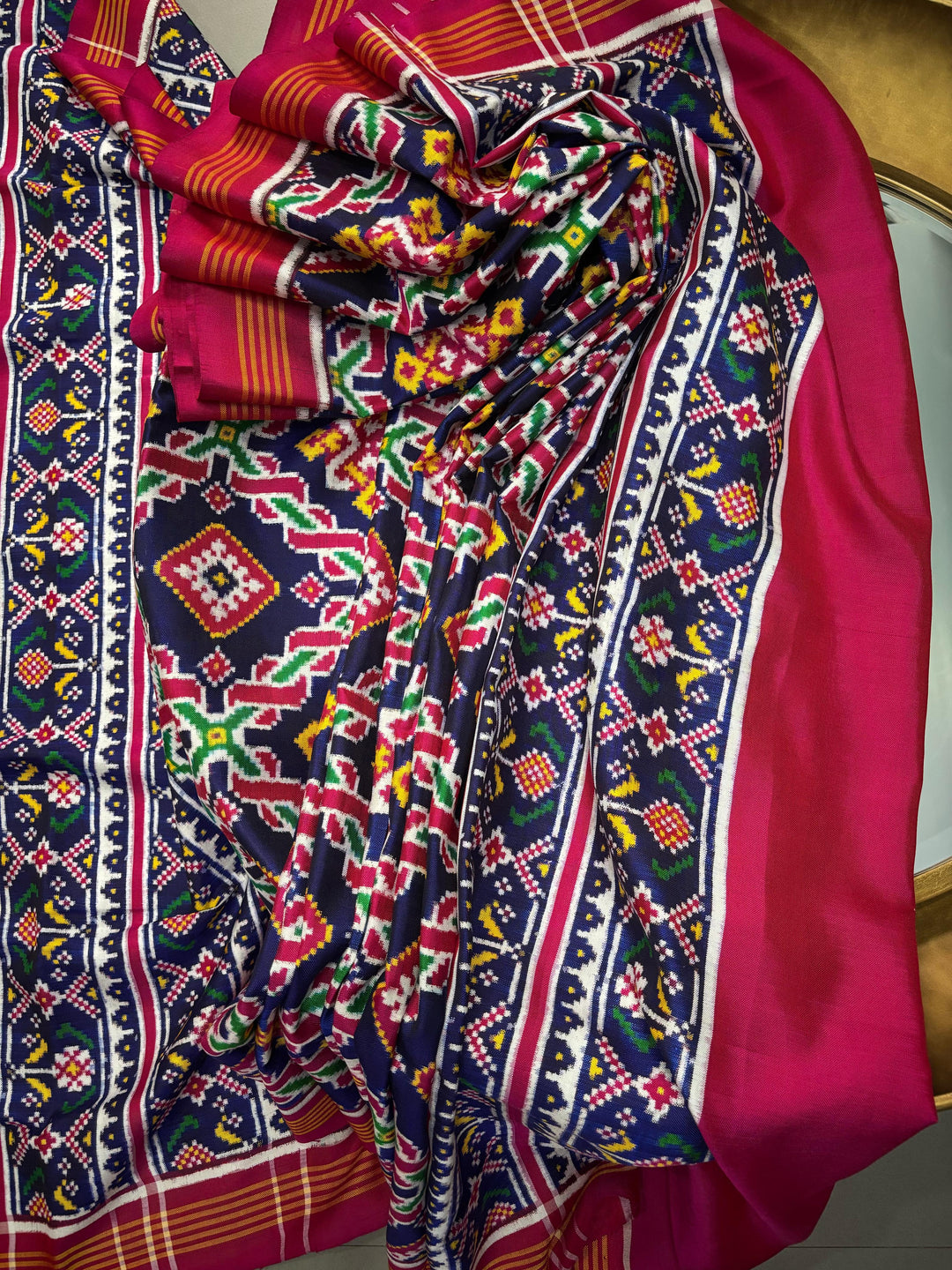 Authentic Double Ikkat Patan Patola Handwoven Rani ki vaav Desing Pure Silk Saree in Blue with Geometric Design | SILK MARK CERTIFIED | SHOBITAM