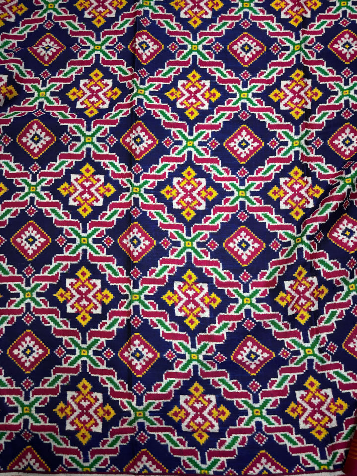 Authentic Double Ikkat Patan Patola Handwoven Rani ki vaav Desing Pure Silk Saree in Blue with Geometric Design | SILK MARK CERTIFIED | SHOBITAM