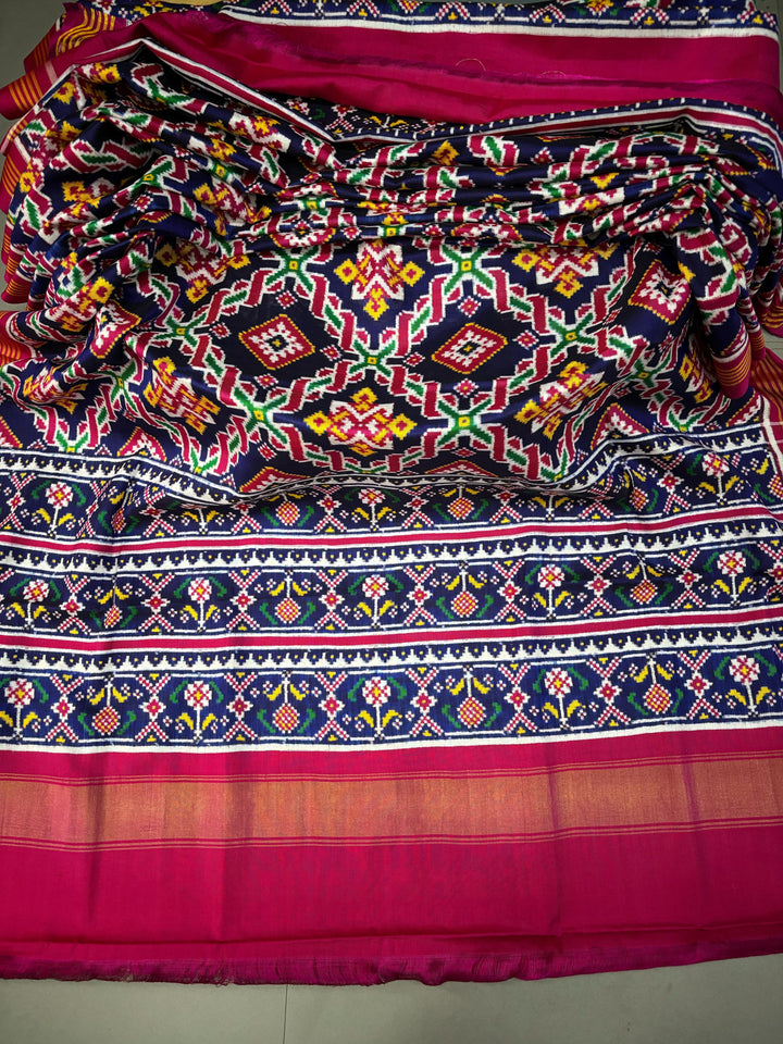 Authentic Double Ikkat Patan Patola Handwoven Rani ki vaav Desing Pure Silk Saree in Blue with Geometric Design | SILK MARK CERTIFIED | SHOBITAM