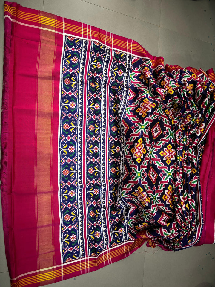 Authentic Double Ikkat Patan Patola Handwoven Rani ki vaav Desing Pure Silk Saree in Blue with Geometric Design | SILK MARK CERTIFIED | SHOBITAM