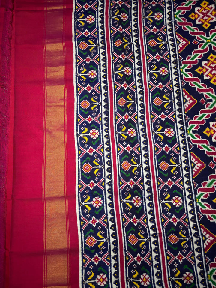 Authentic Double Ikkat Patan Patola Handwoven Rani ki vaav Desing Pure Silk Saree in Blue with Geometric Design | SILK MARK CERTIFIED | SHOBITAM