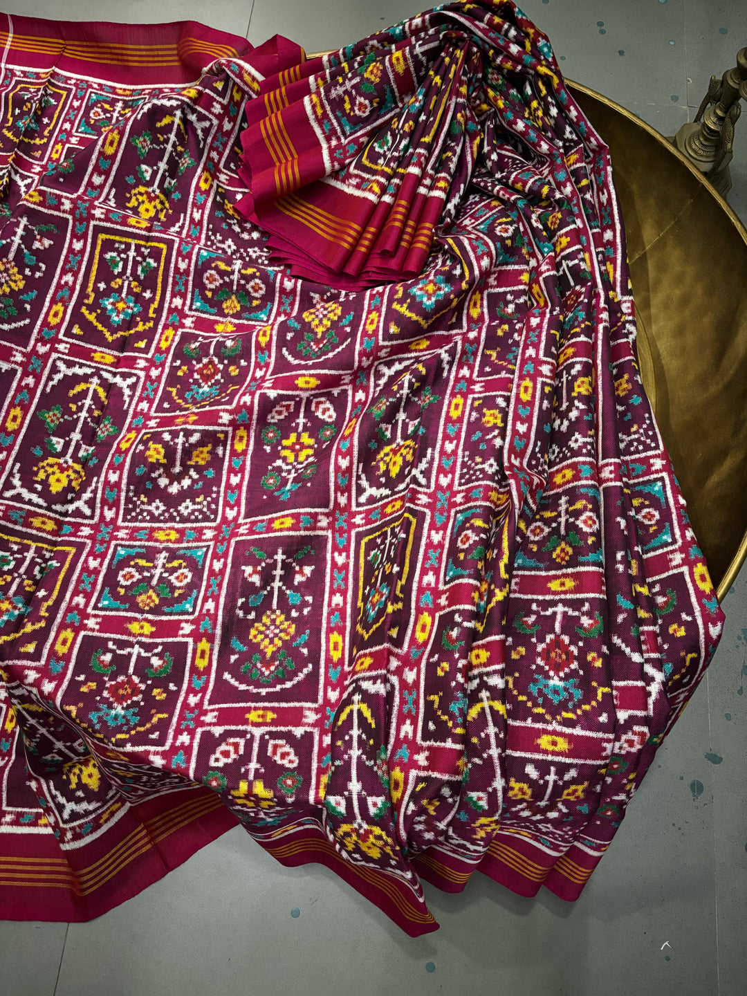 Authentic Double Ikkat Patan Patola Pure Silk Handwoven  Saree in Deep Plum with Persian Arches Floral Motifs Design | SILK MARK CERTIFIED