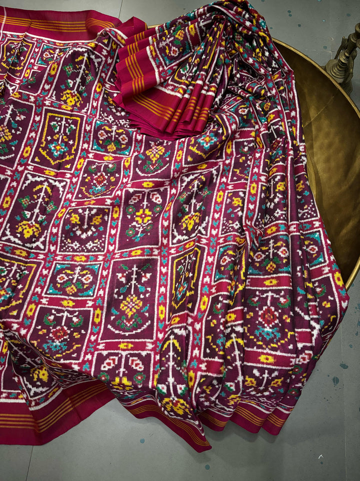 Authentic Double Ikkat Patan Patola Pure Silk Handwoven  Saree in Deep Plum with Persian Arches Floral Motifs Design | SILK MARK CERTIFIED