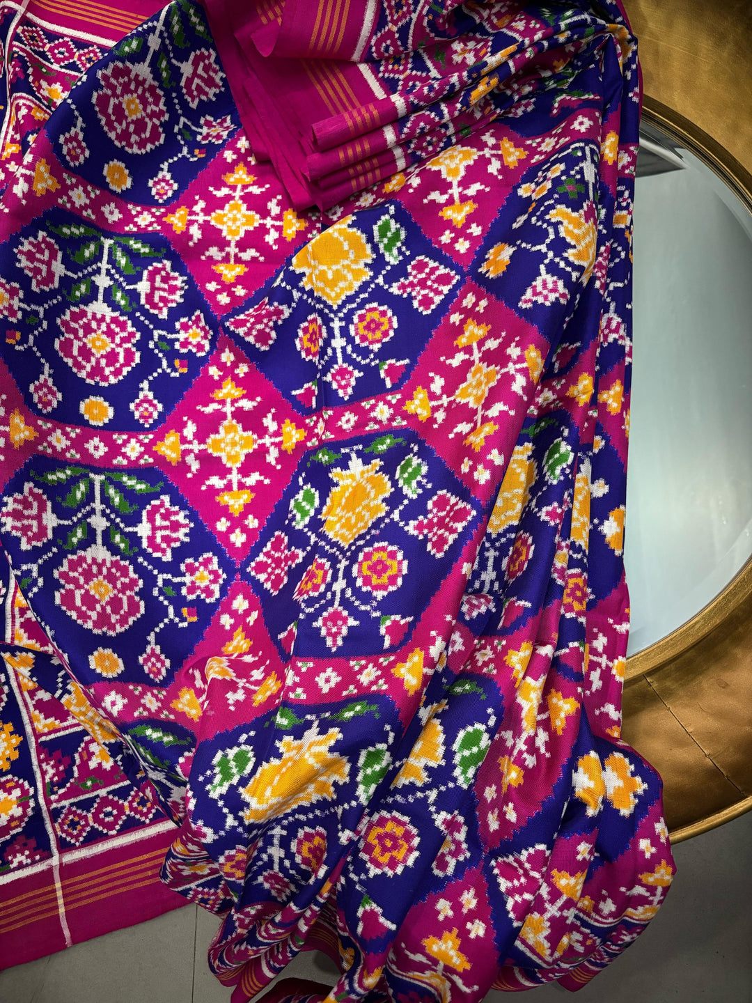 Authentic Double Ikkat Patan Patola Pure Silk Handwoven  Saree in Royal Blue-Pink with Floral Design | SILK MARK CERTIFIED