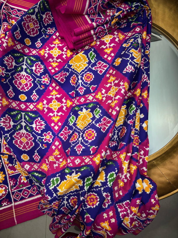 Authentic Double Ikkat Patan Patola Pure Silk Handwoven  Saree in Royal Blue-Pink with Floral Design | SILK MARK CERTIFIED