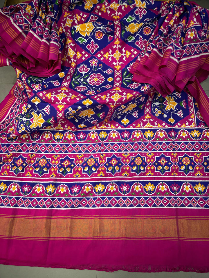 Authentic Double Ikkat Patan Patola Pure Silk Handwoven  Saree in Royal Blue-Pink with Floral Design | SILK MARK CERTIFIED