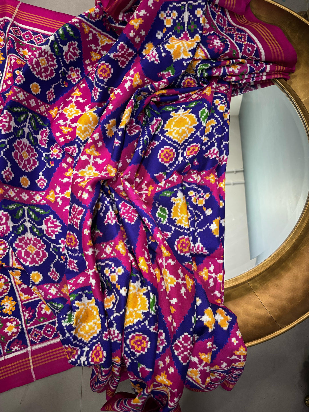 Authentic Double Ikkat Patan Patola Pure Silk Handwoven  Saree in Royal Blue-Pink with Floral Design | SILK MARK CERTIFIED