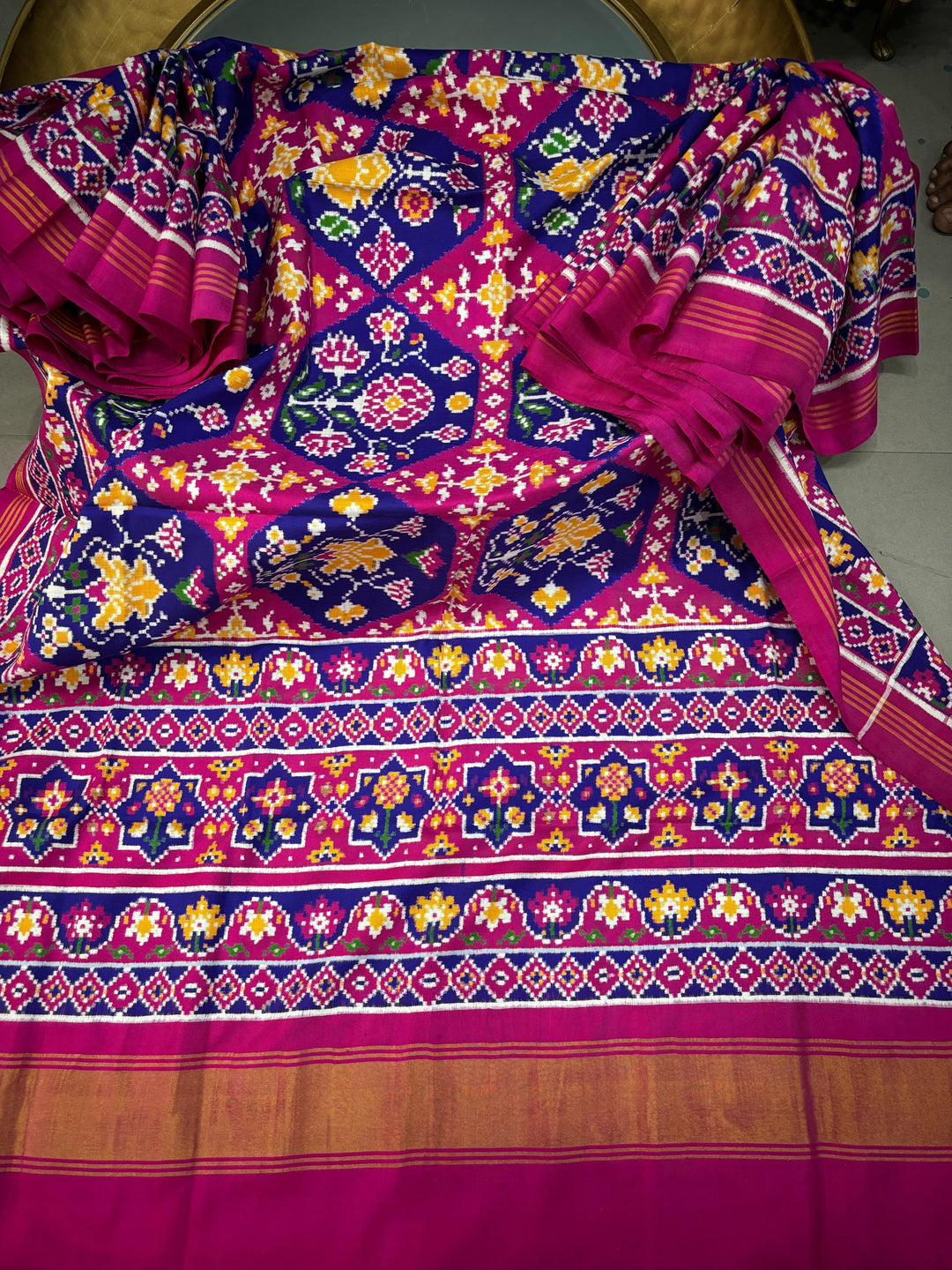 Authentic Double Ikkat Patan Patola Pure Silk Handwoven  Saree in Royal Blue-Pink with Floral Design | SILK MARK CERTIFIED