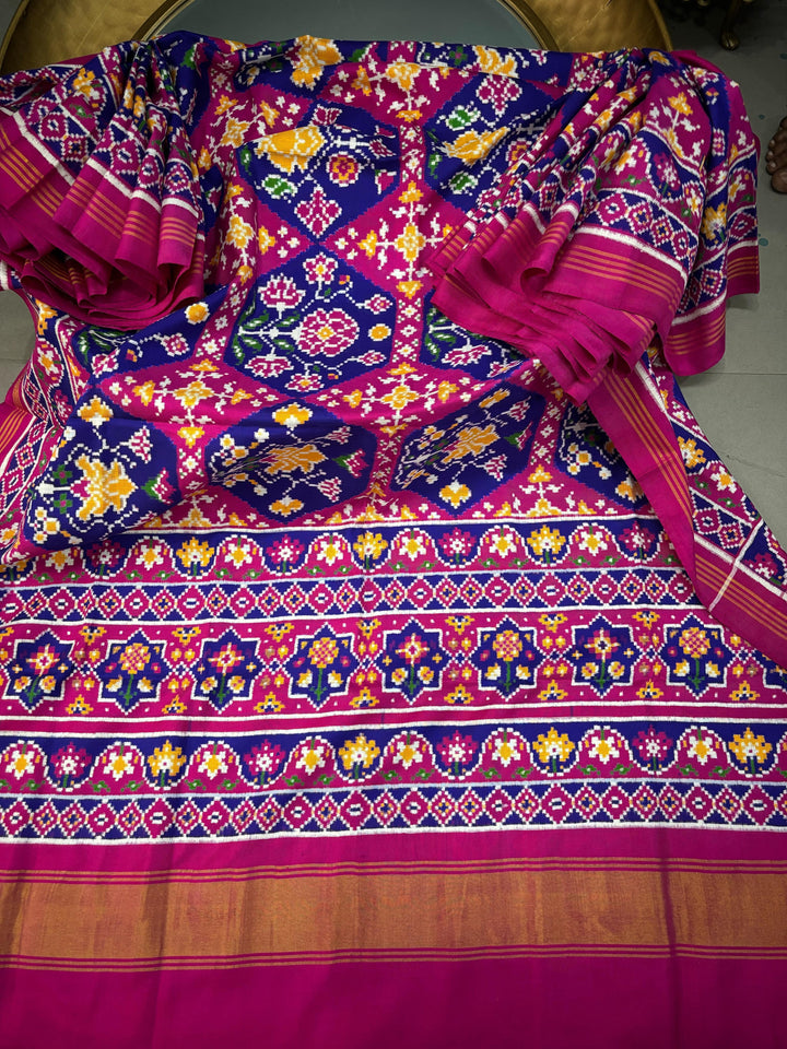 Authentic Double Ikkat Patan Patola Pure Silk Handwoven  Saree in Royal Blue-Pink with Floral Design | SILK MARK CERTIFIED