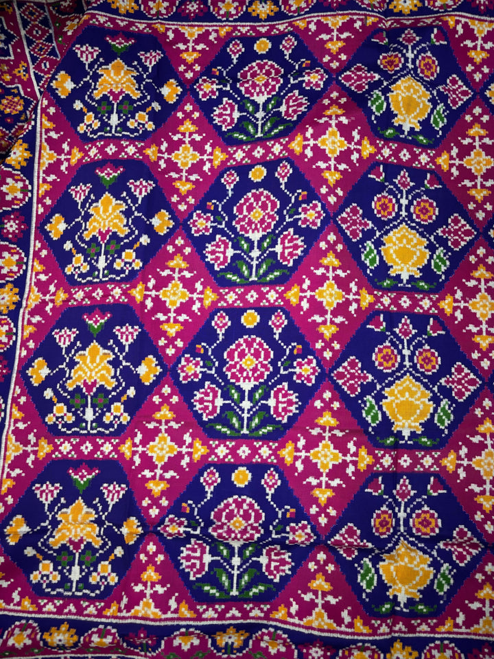 Authentic Double Ikkat Patan Patola Pure Silk Handwoven  Saree in Royal Blue-Pink with Floral Design | SILK MARK CERTIFIED