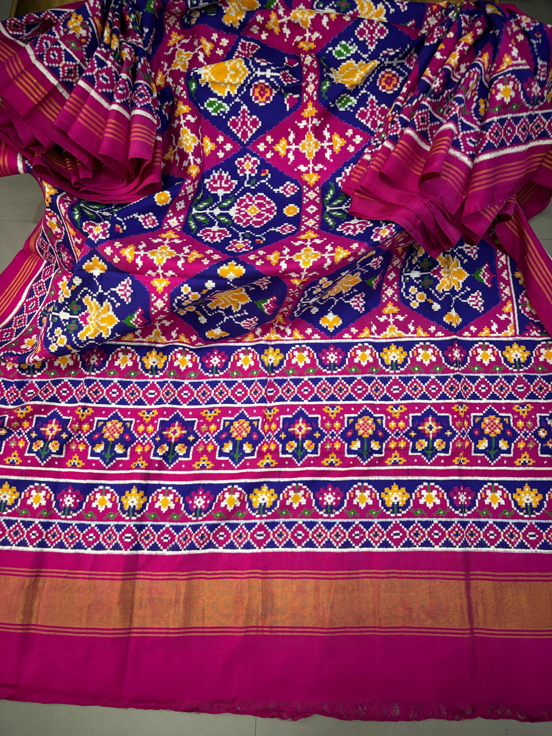 Authentic Double Ikkat Patan Patola Pure Silk Handwoven  Saree in Royal Blue-Pink with Floral Design | SILK MARK CERTIFIED